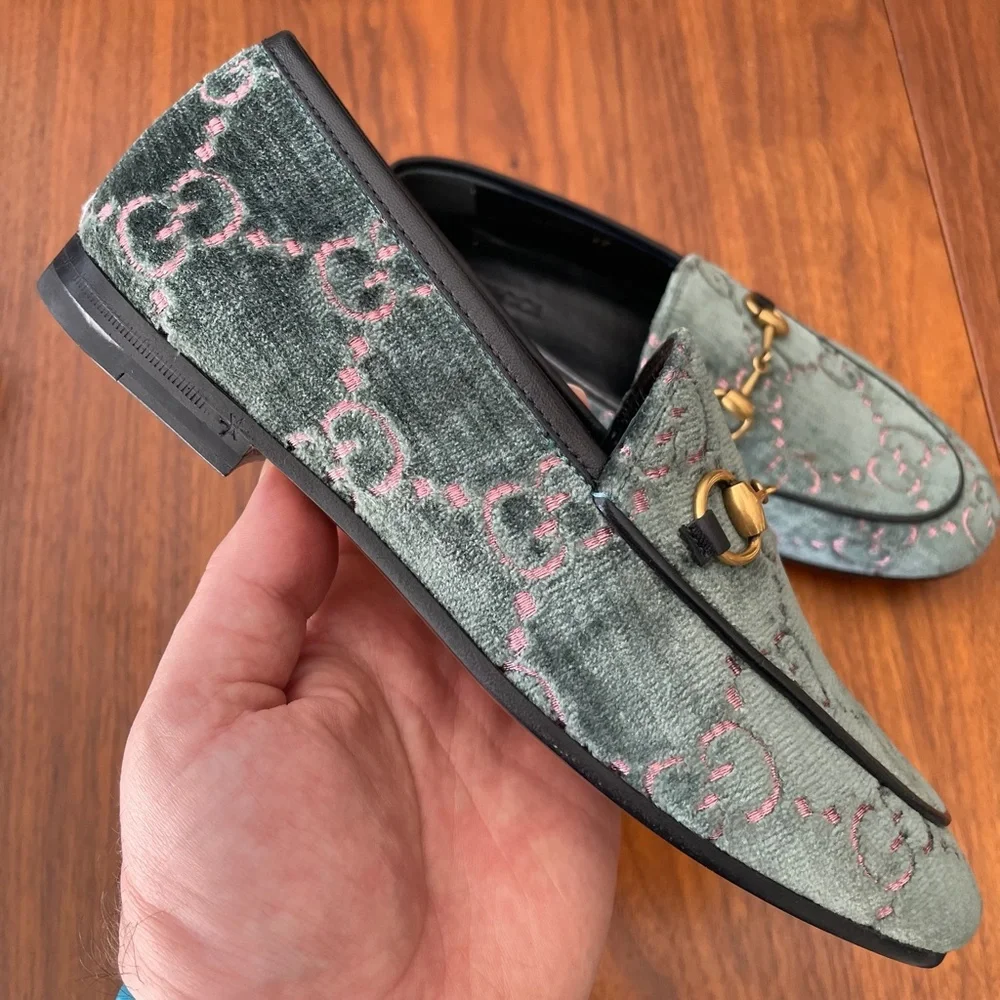 Gucci Horsebit Logo Loafers Velvet with Leather Trim Size 35 - Picture 4 of 12